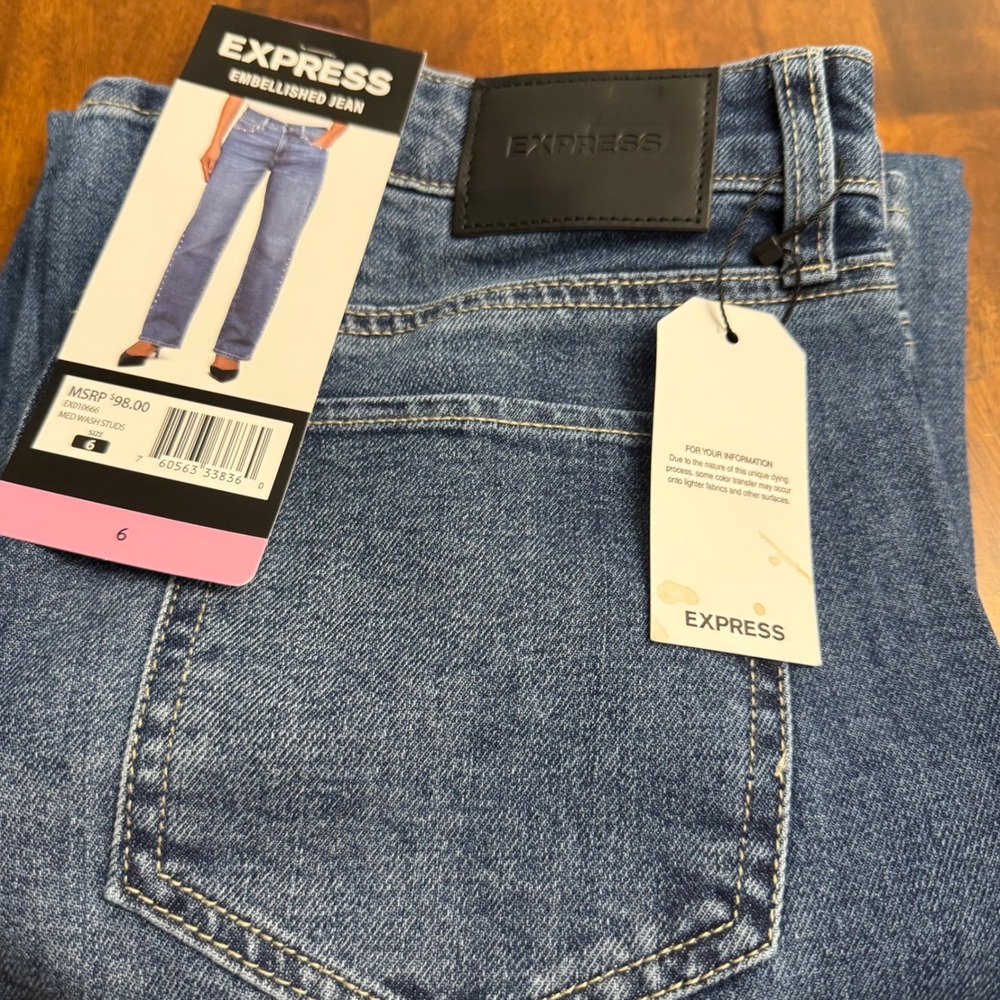 Express Embellished Straight Leg Jeans Medium Wash Studded EX010666 Women 6 - Picture 2 of 12